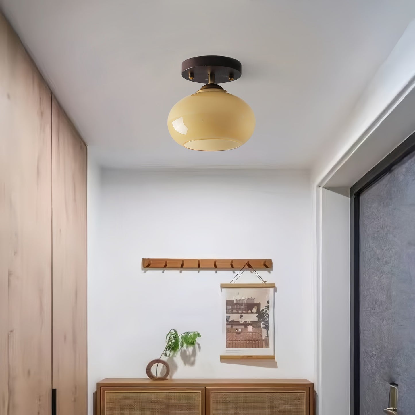 Bauhaus Walnut Wood Glass Ceiling Light