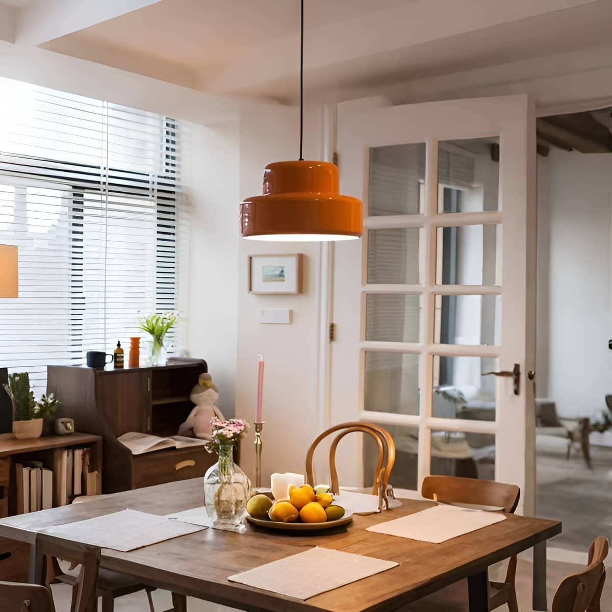 Bauhaus Retro Orange Pendant Light over Dining Table
