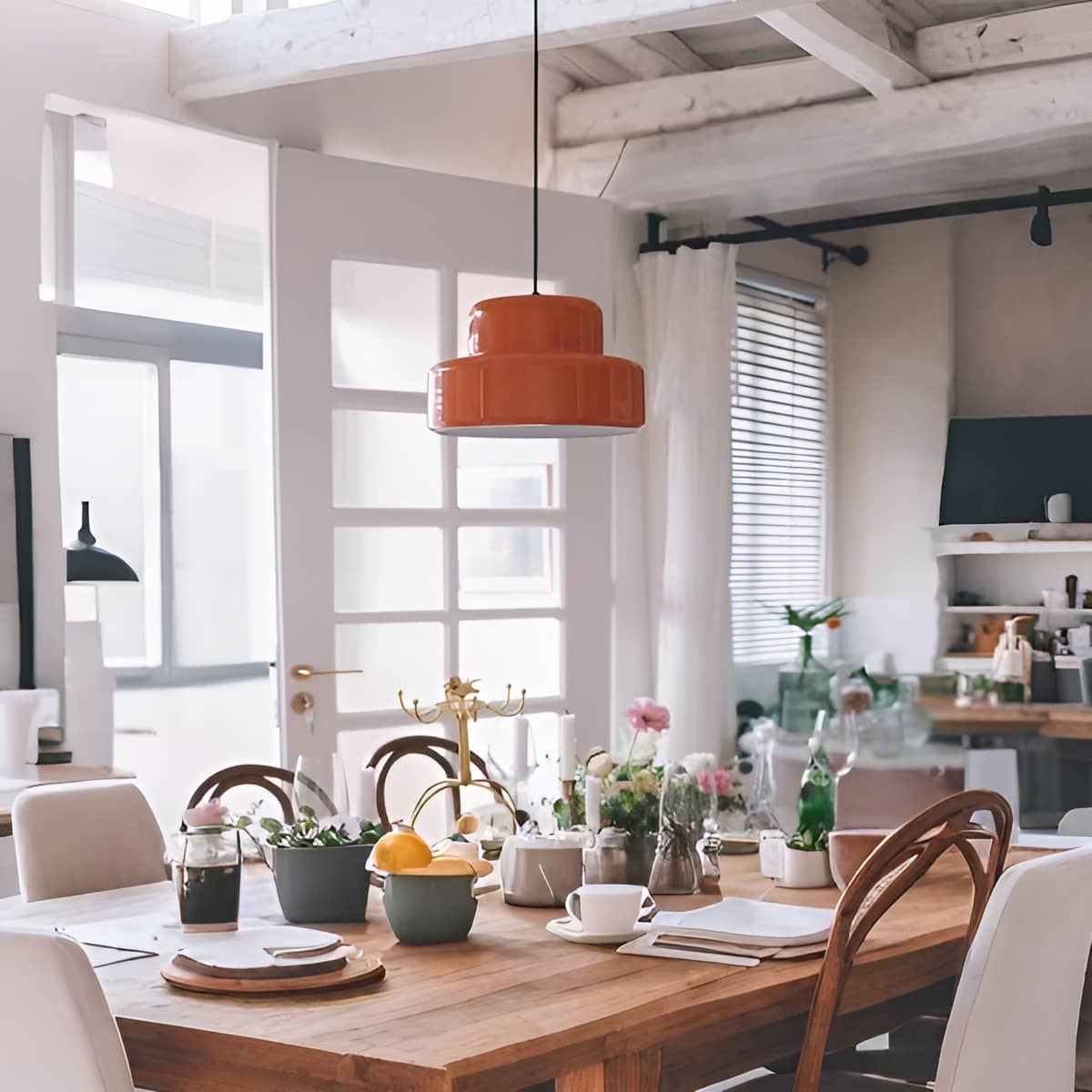 Bauhaus Retro Orange Pendant Light over Dining Table