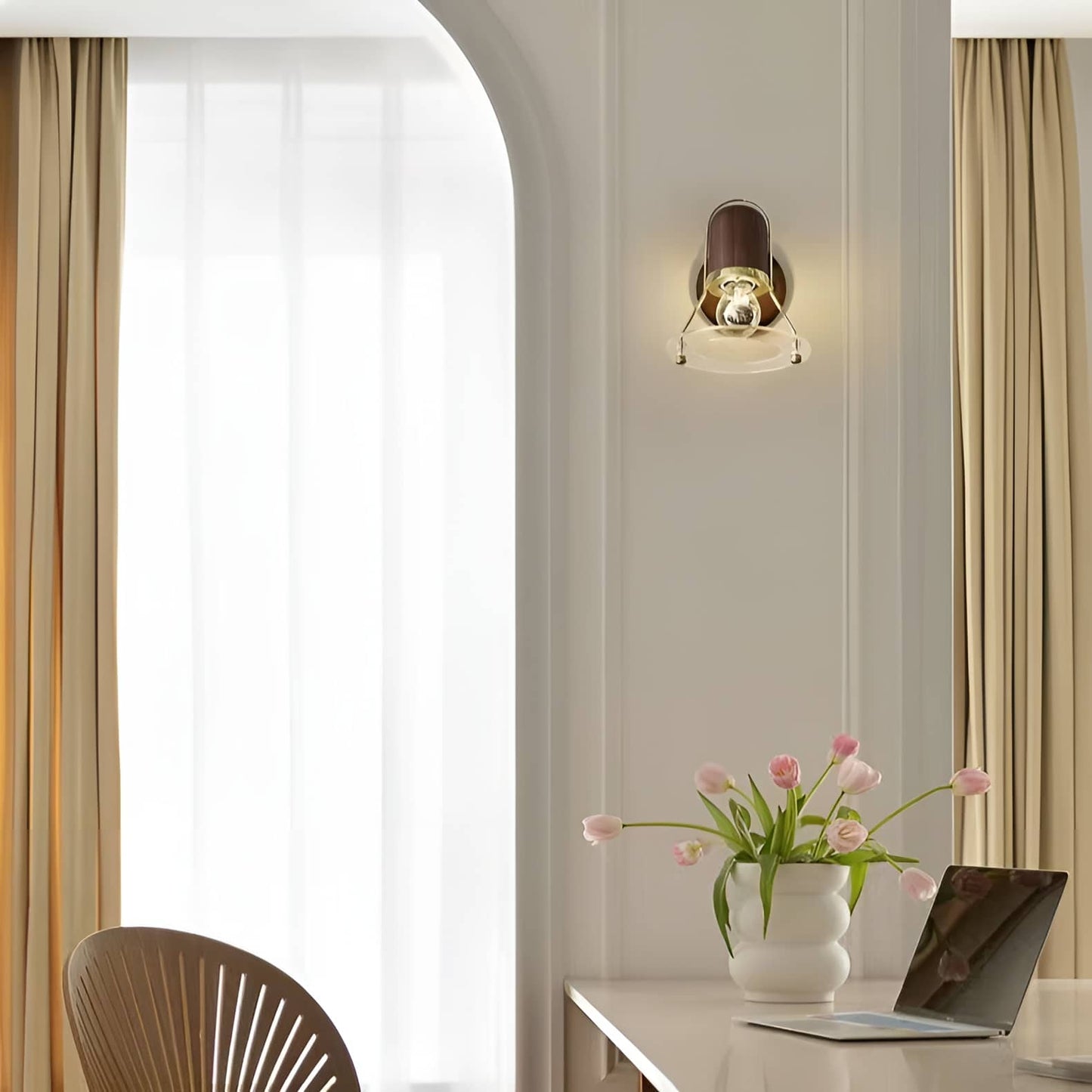 Industrial Orbit Walnut Wooden Wall Light