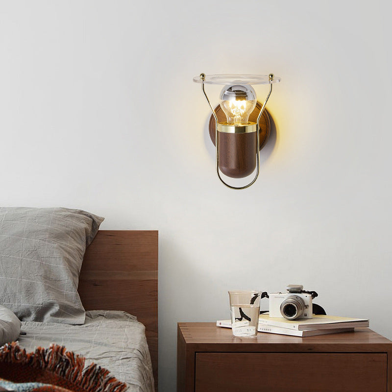 Industrial Orbit Walnut Wooden Wall Light