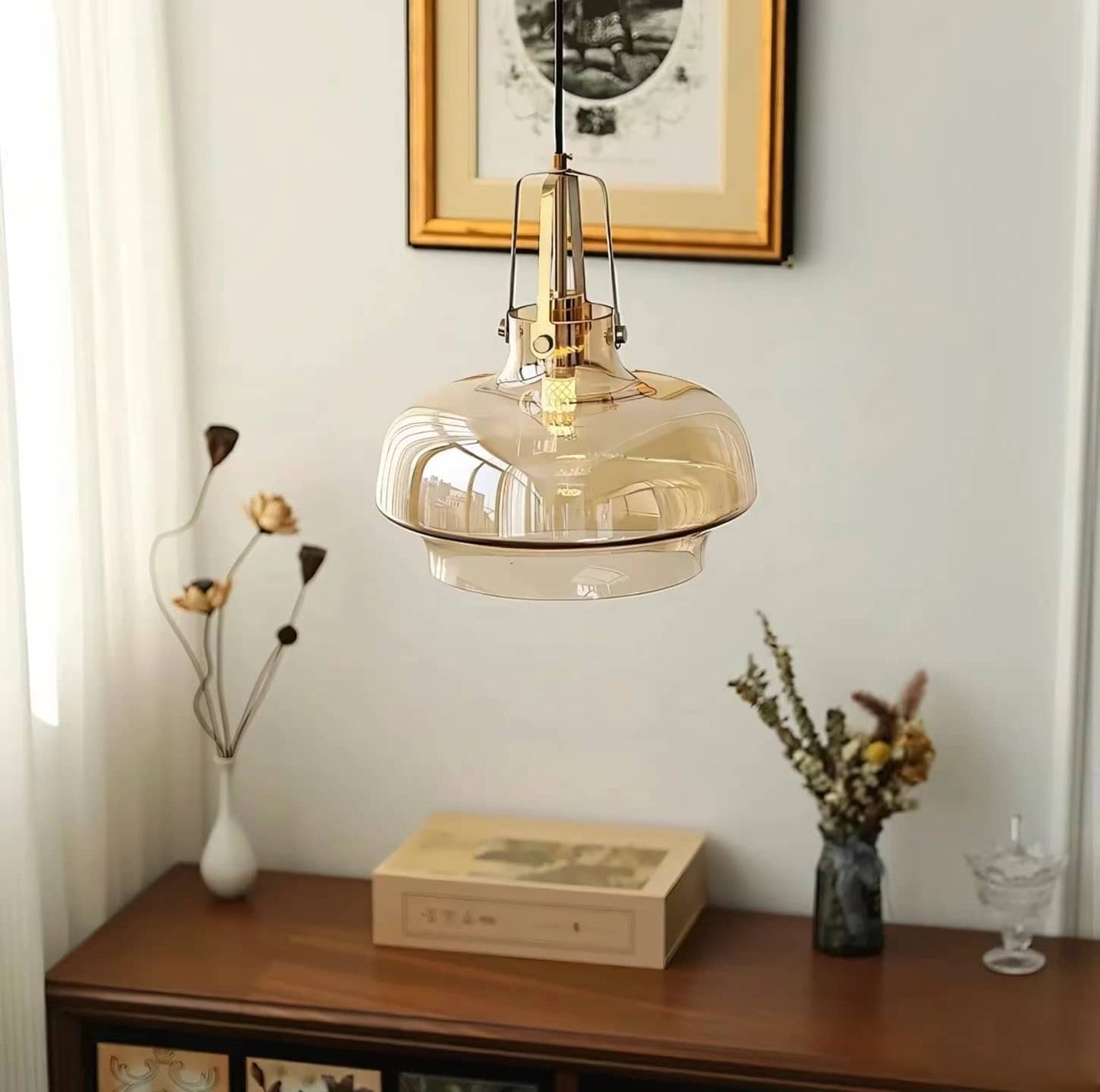 Industrial Bell Amber Glass Pendant Light