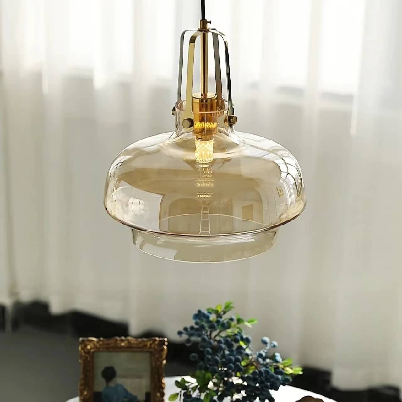 Industrial Bell Amber Glass Pendant Light