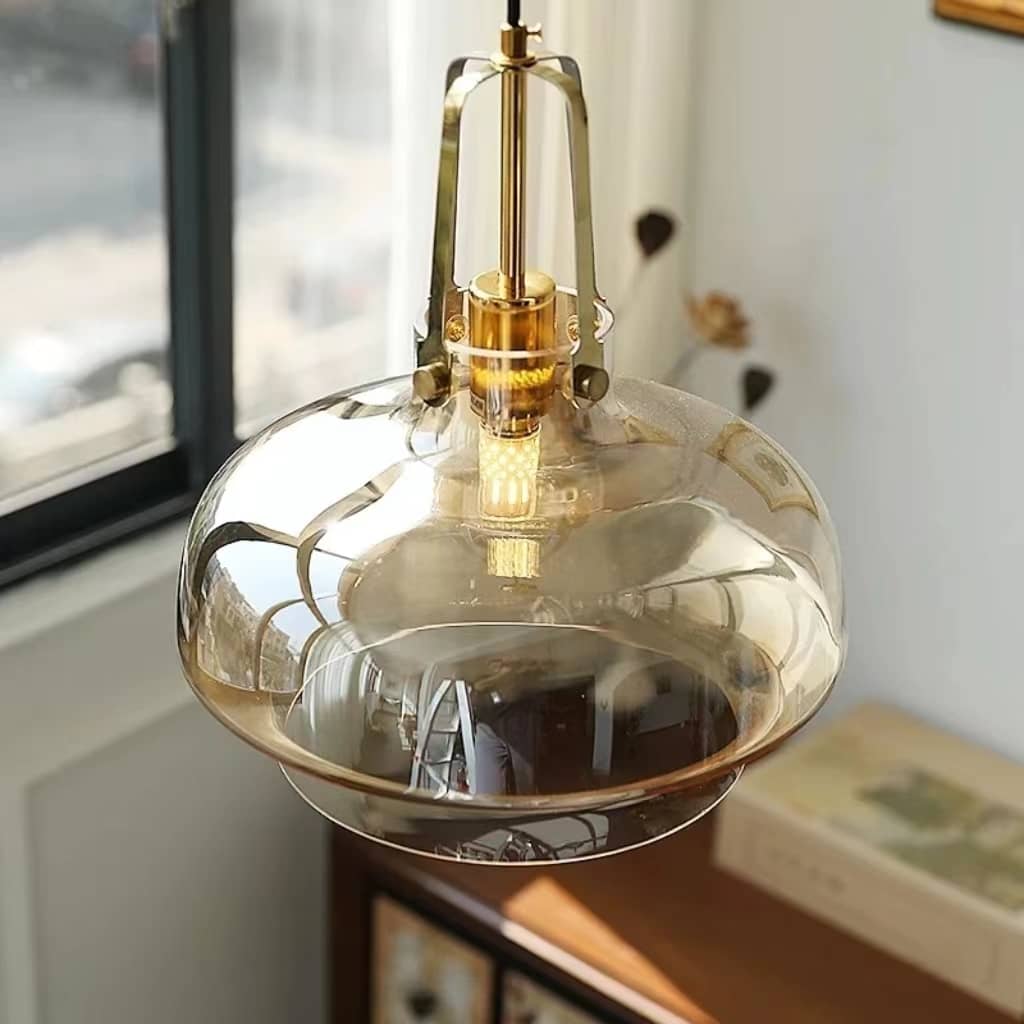 Industrial Bell Amber Glass Pendant Light