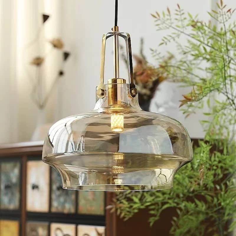 Industrial Bell Amber Glass Pendant Light