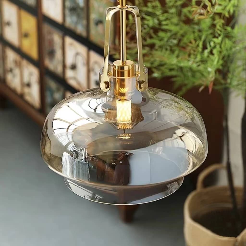 Industrial Bell Amber Glass Pendant Light