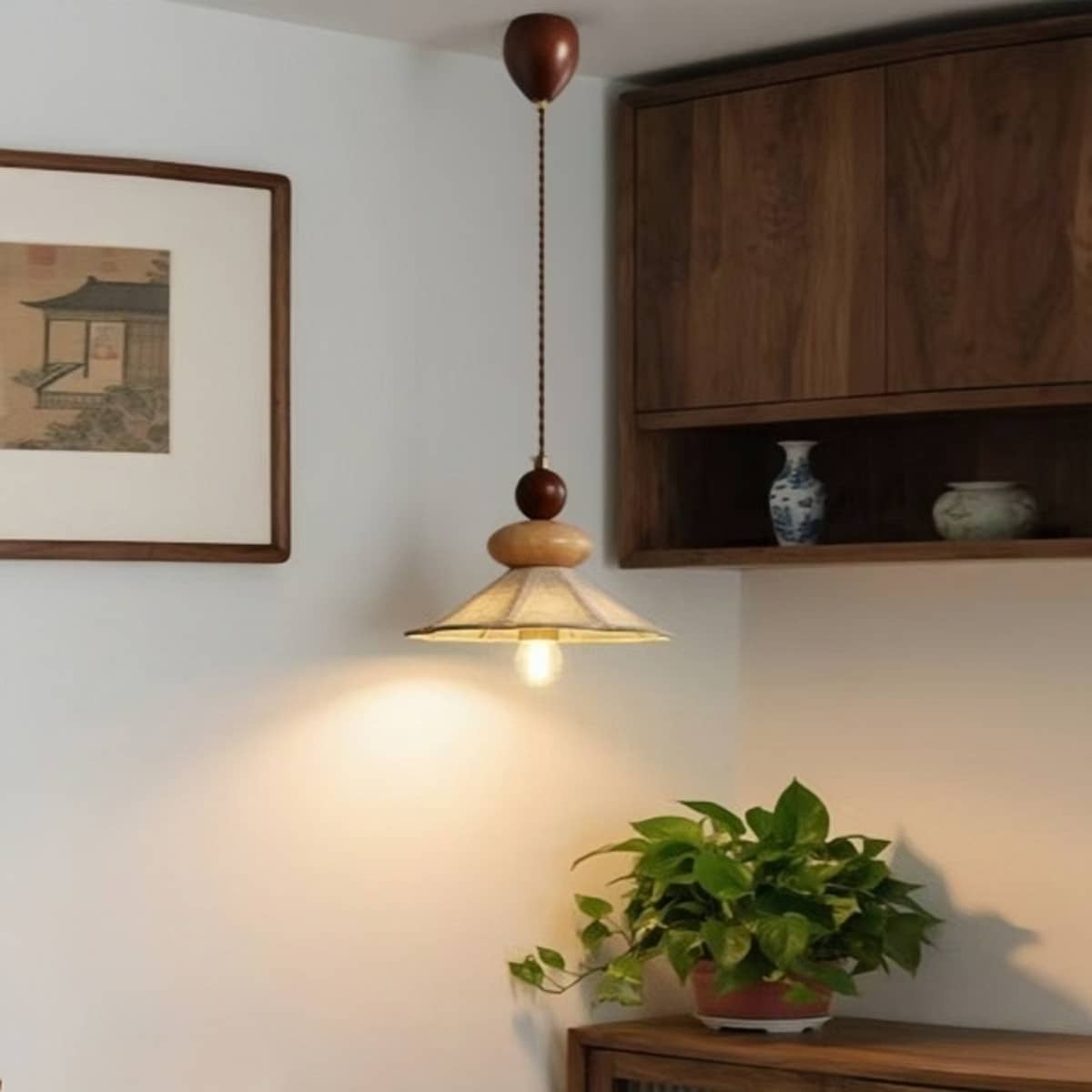 Japandi Fabric Shade Bedside Hanging Lamp