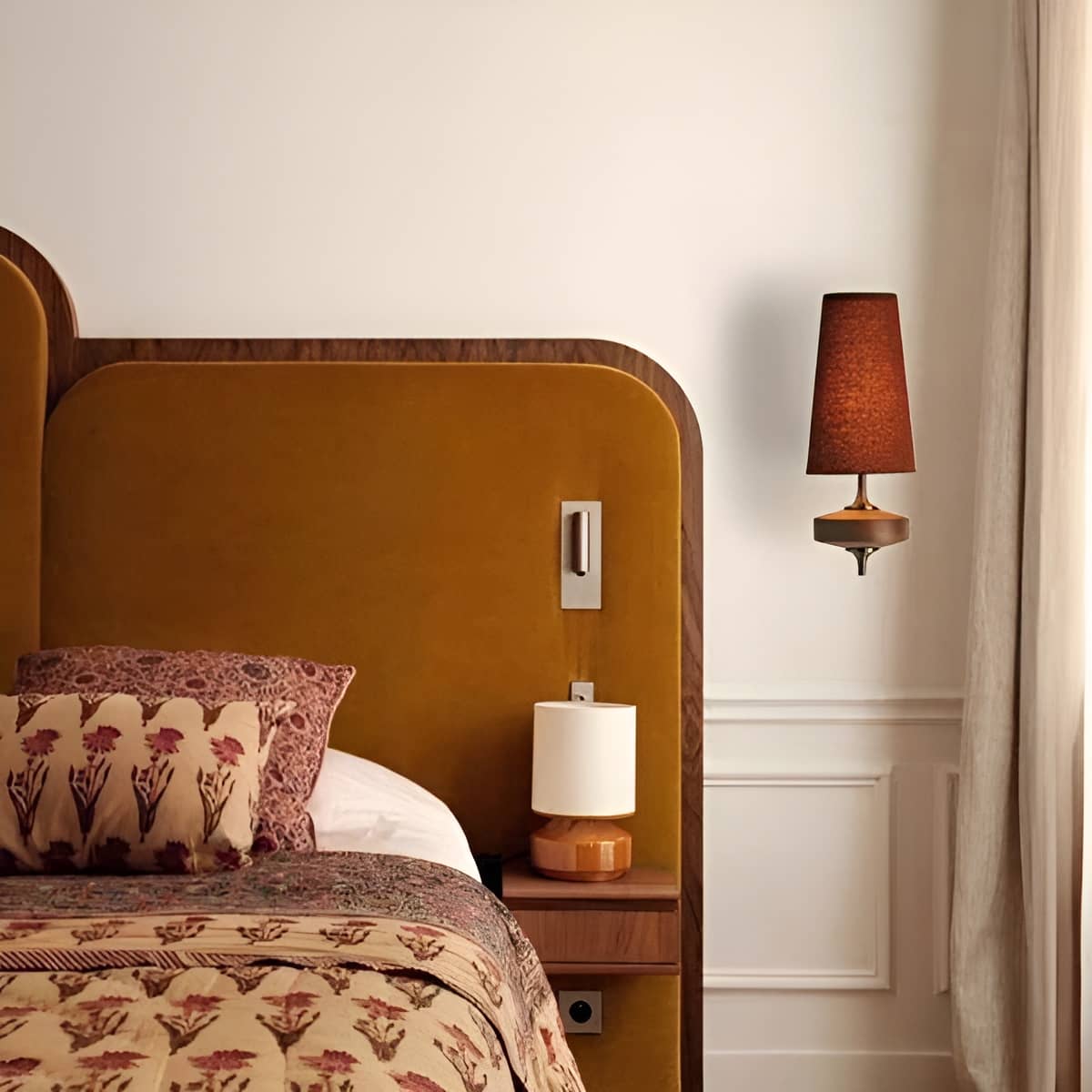 Mid Century Antique Wall Sconce with Wood and Fabric