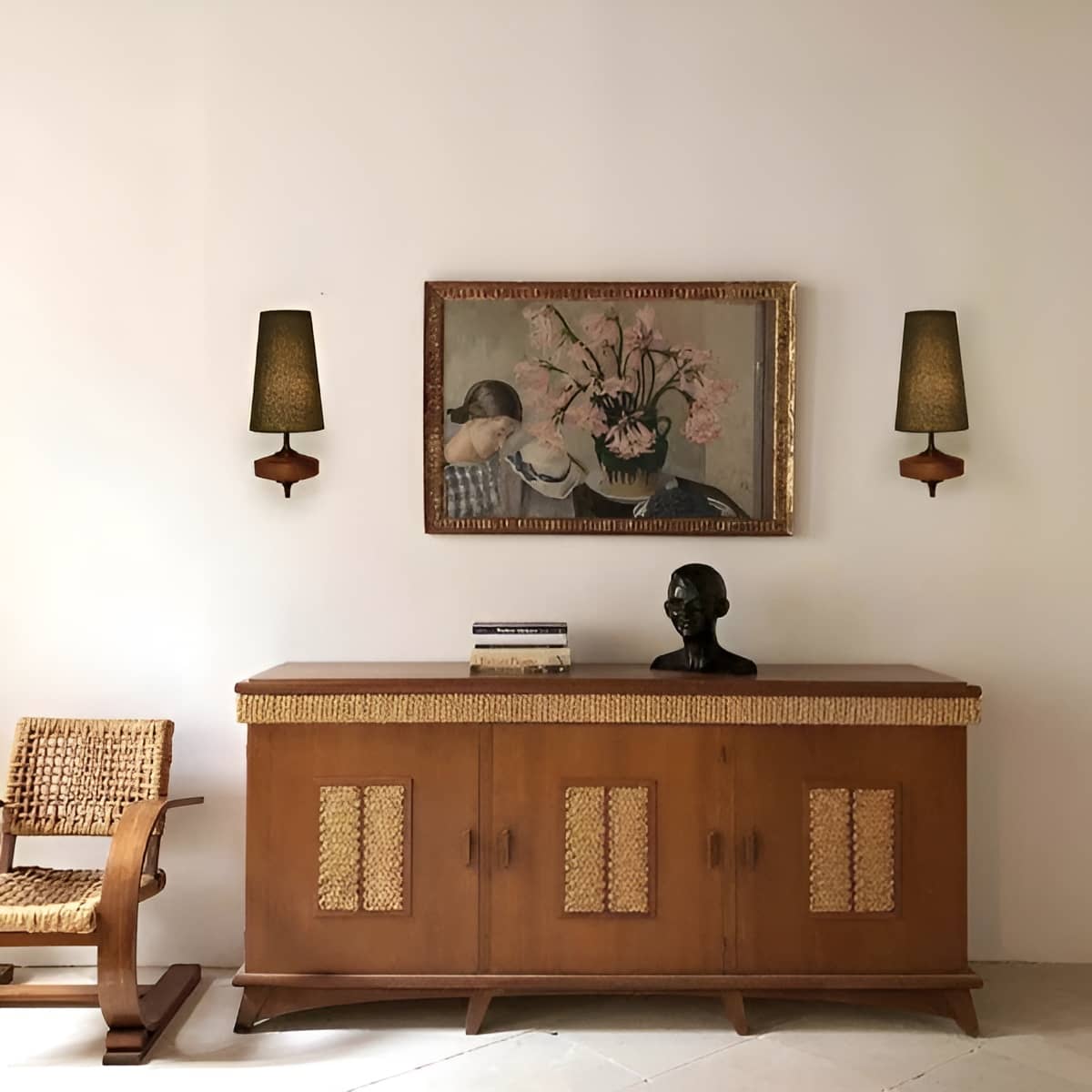 Mid Century Antique Wall Sconce with Wood and Fabric