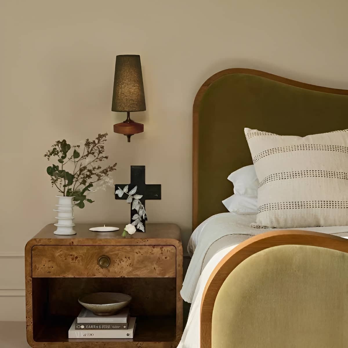 Mid Century Antique Wall Sconce with Wood and Fabric