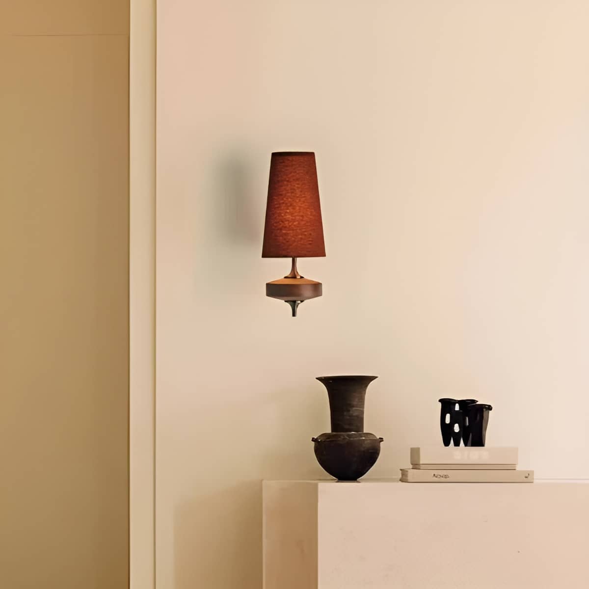 Mid Century Antique Wall Sconce with Wood and Fabric