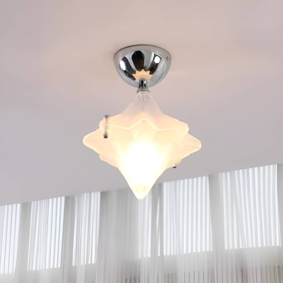Modern Bauhaus Chrome and White Glass Star Ceiling Light