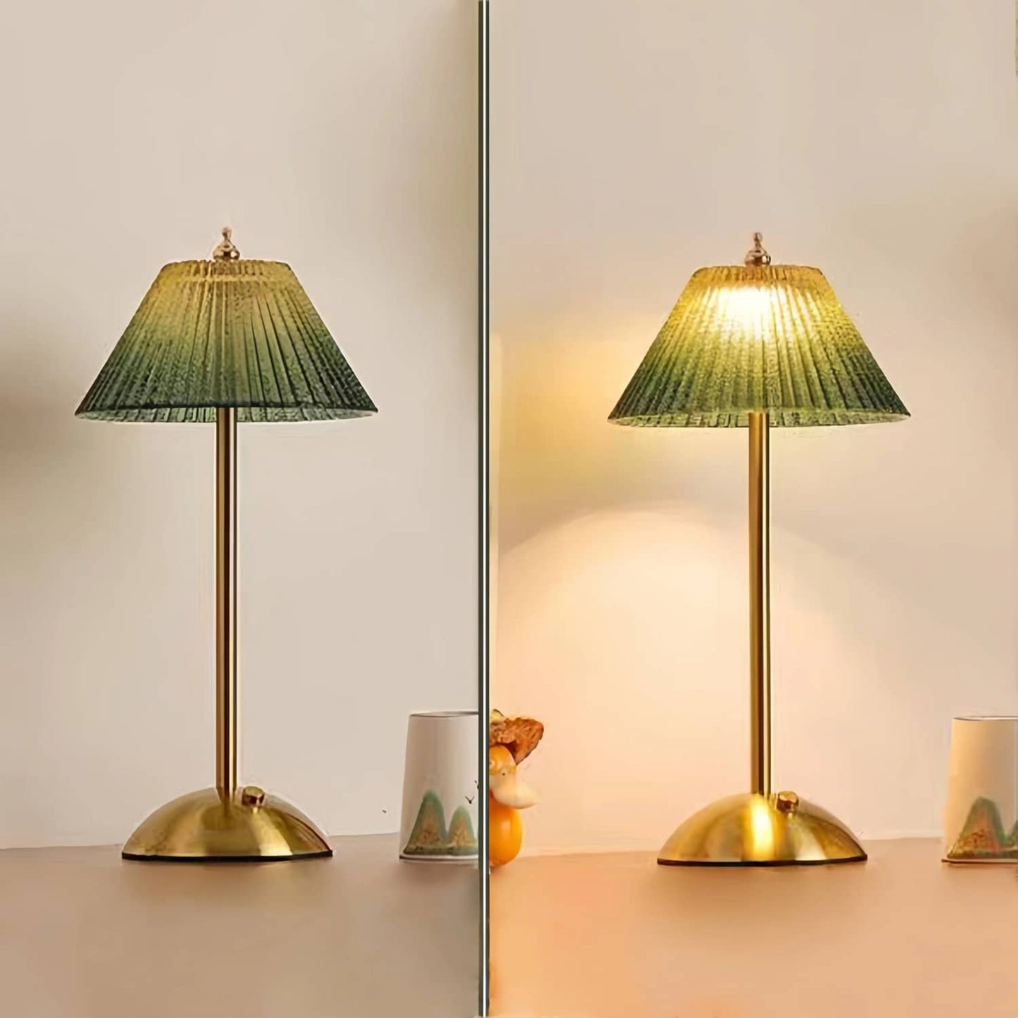 Rechargeable Green Ribbed Glass Table Lamp