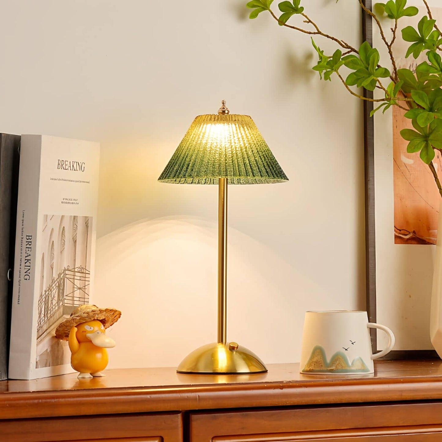 Rechargeable Green Ribbed Glass Table Lamp