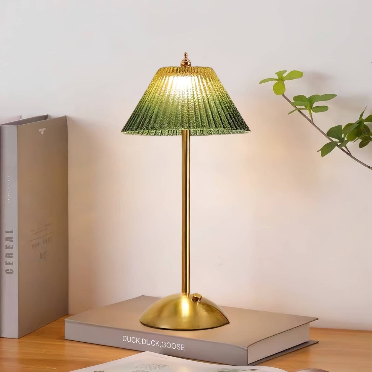Rechargeable Green Ribbed Glass Table Lamp
