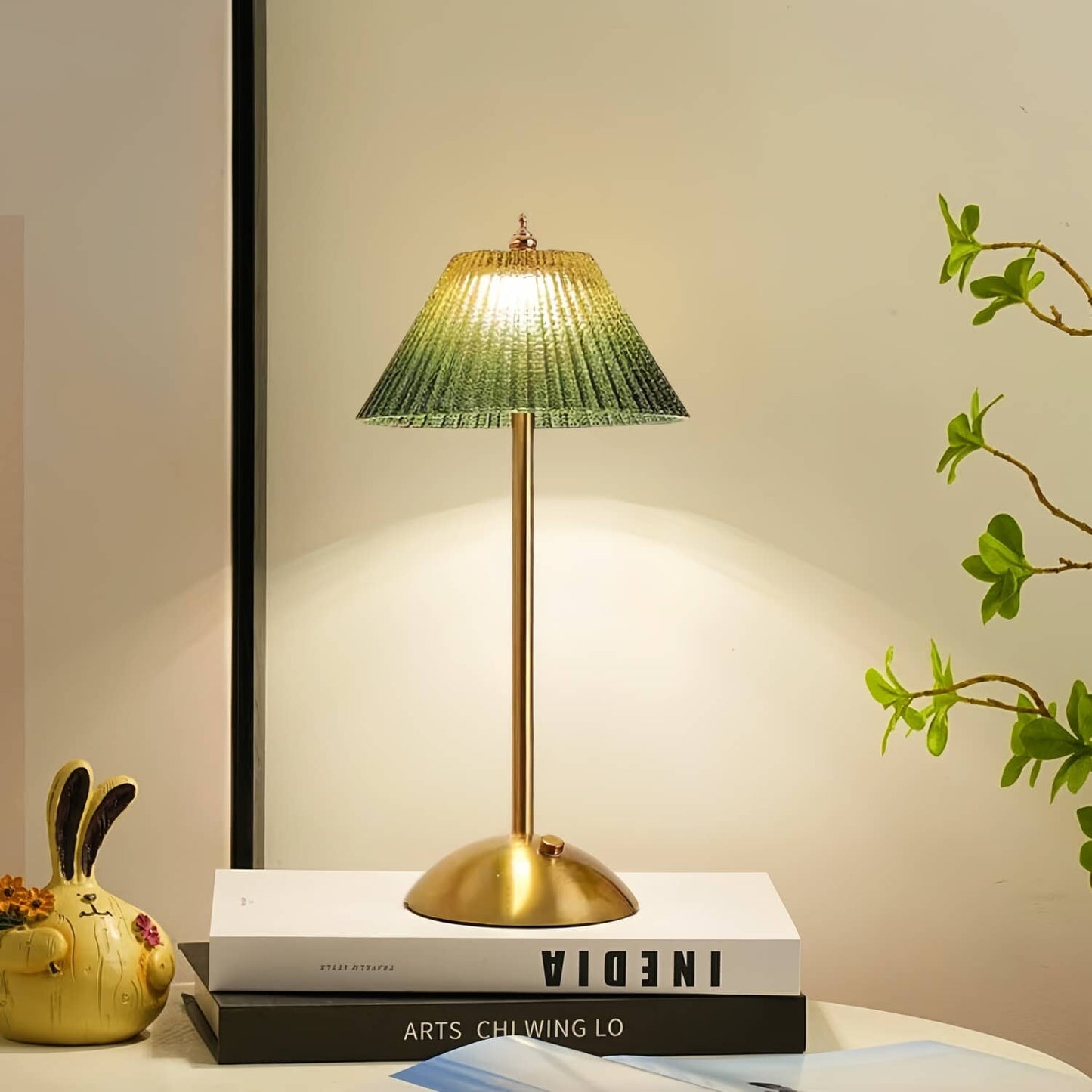 Rechargeable Green Ribbed Glass Table Lamp