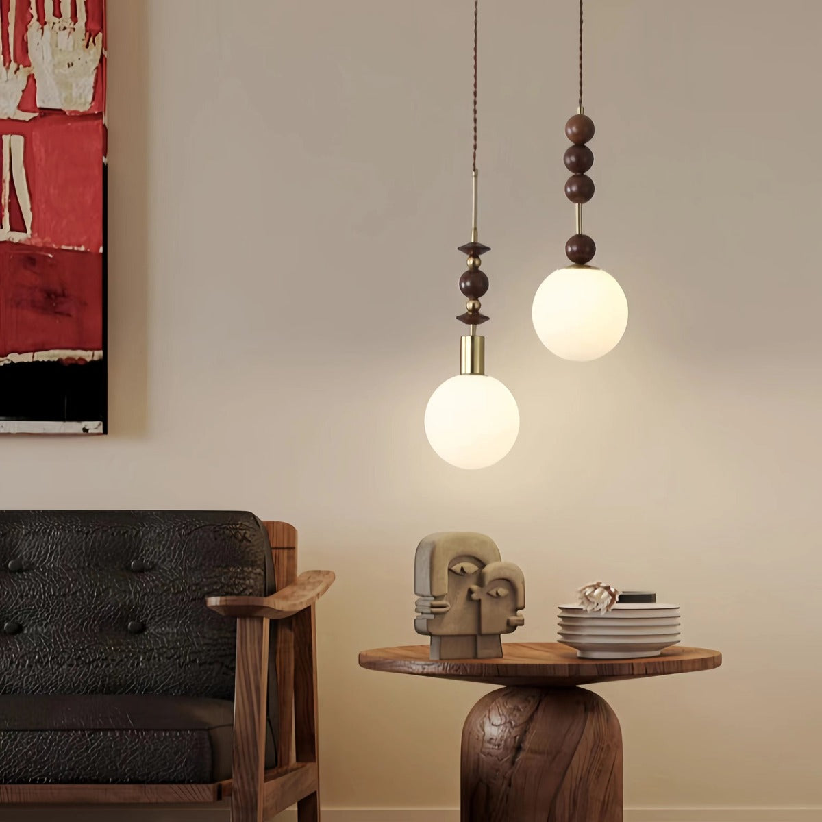 Retro Geometric Walnut Wooden Pendant Light