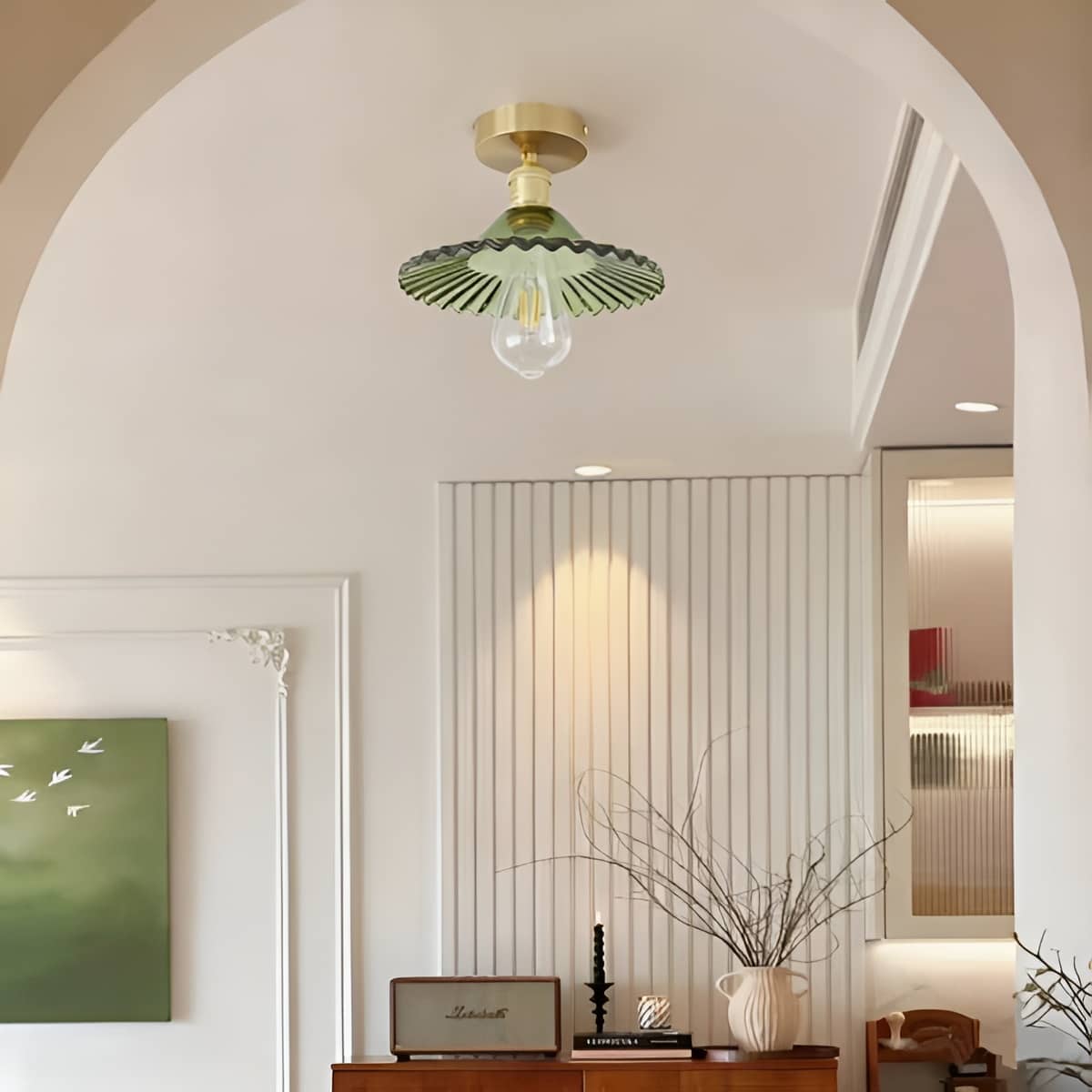 Retro Ripple Glass and Brass Ceiling Light