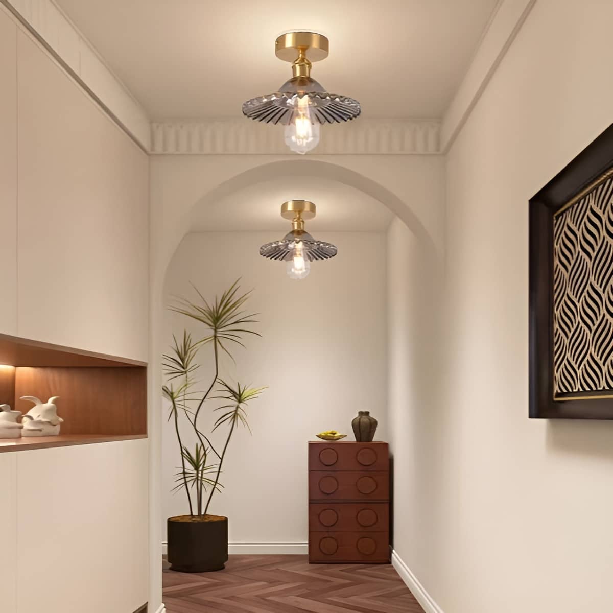 Retro Ripple Glass and Brass Ceiling Light