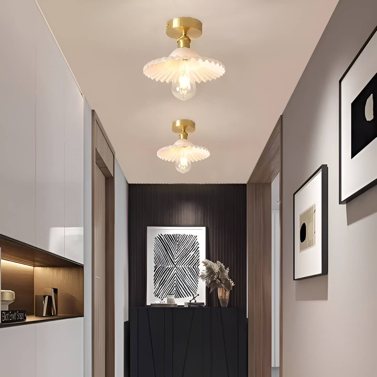 Retro Ripple Glass and Brass Ceiling Light