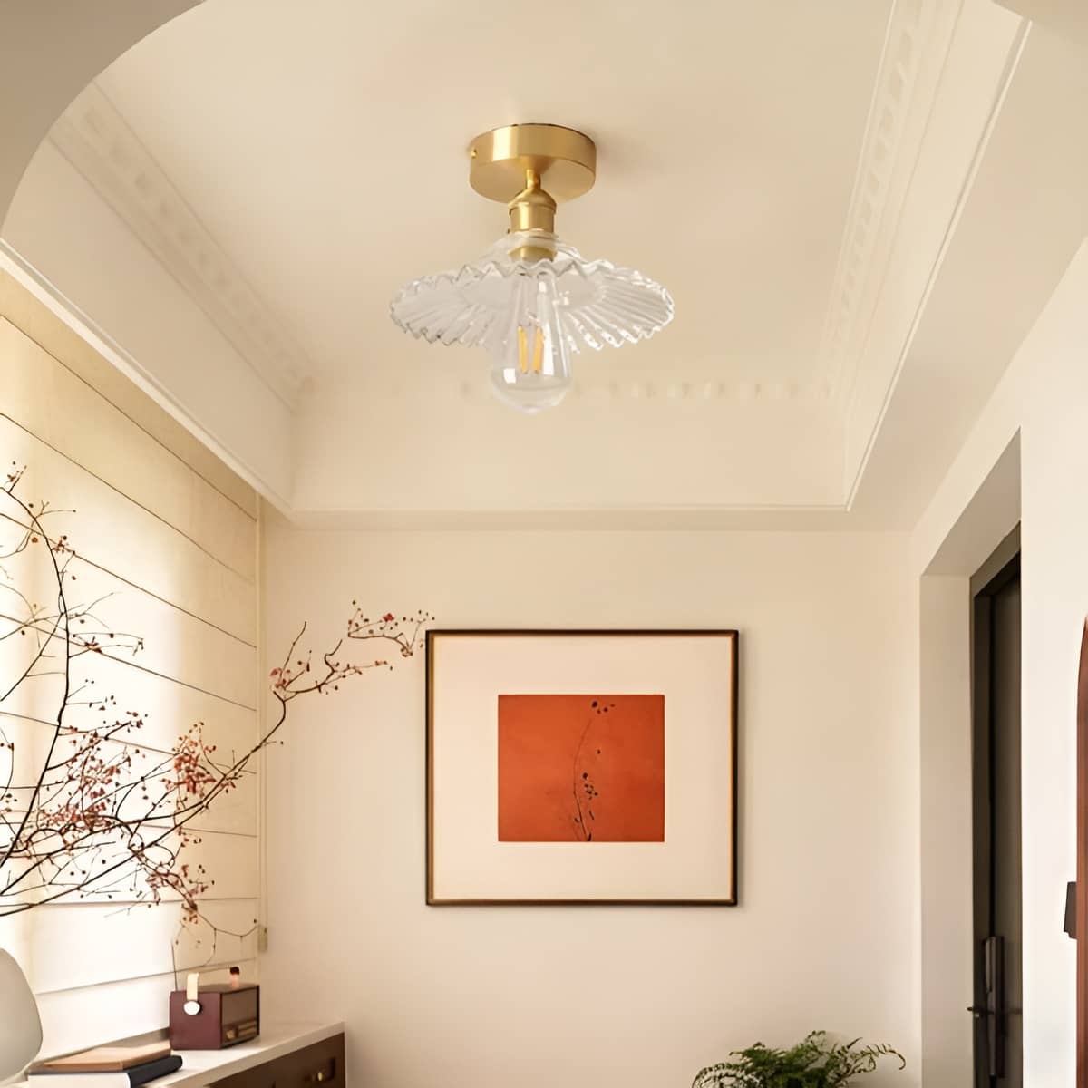 Retro Ripple Glass and Brass Ceiling Light