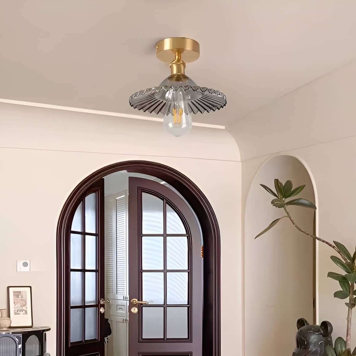 Retro Ripple Glass and Brass Ceiling Light