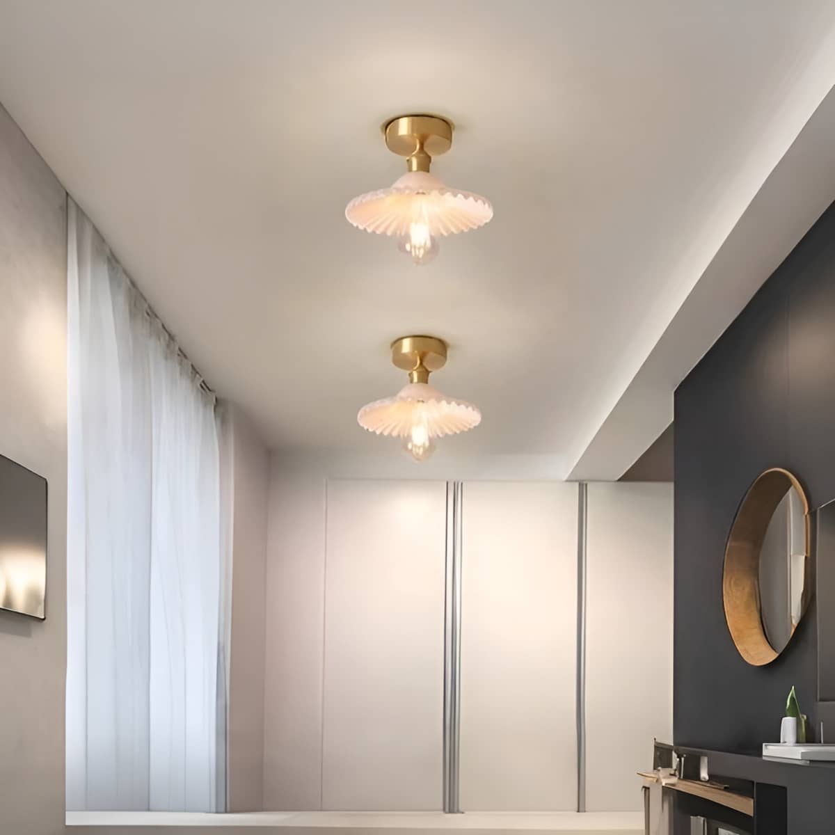 Retro Ripple Glass and Brass Ceiling Light