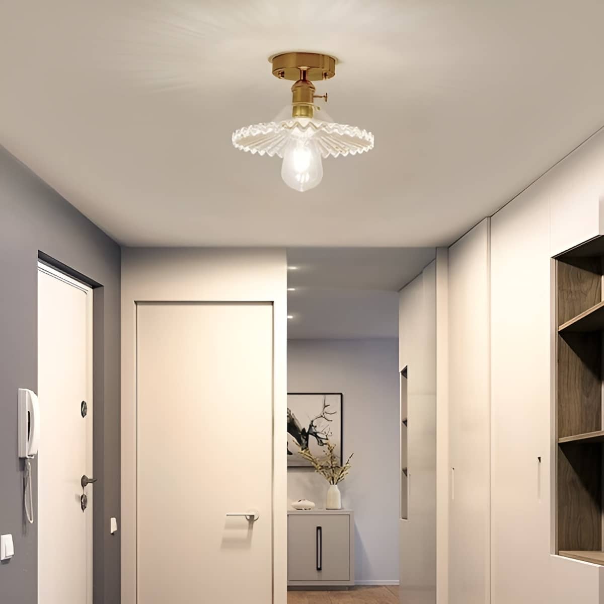 Retro Ripple Glass and Brass Ceiling Light