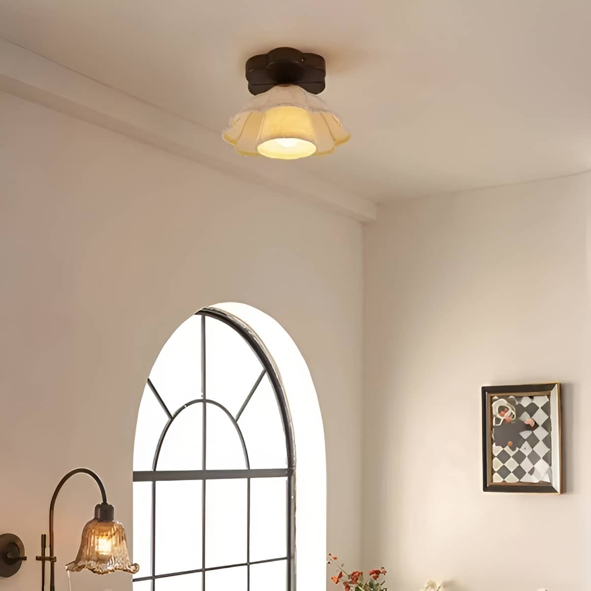 Retro Style Fabric White Flower Ceiling Light
