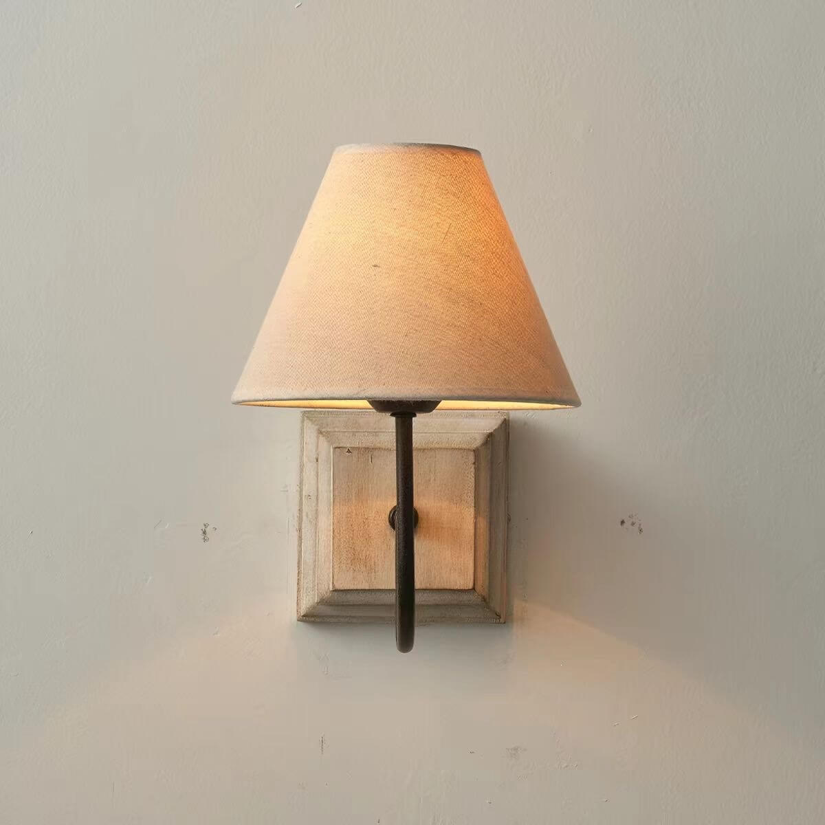 Rustic Farmhouse Wall Light with Linen Shade and Wooden Base