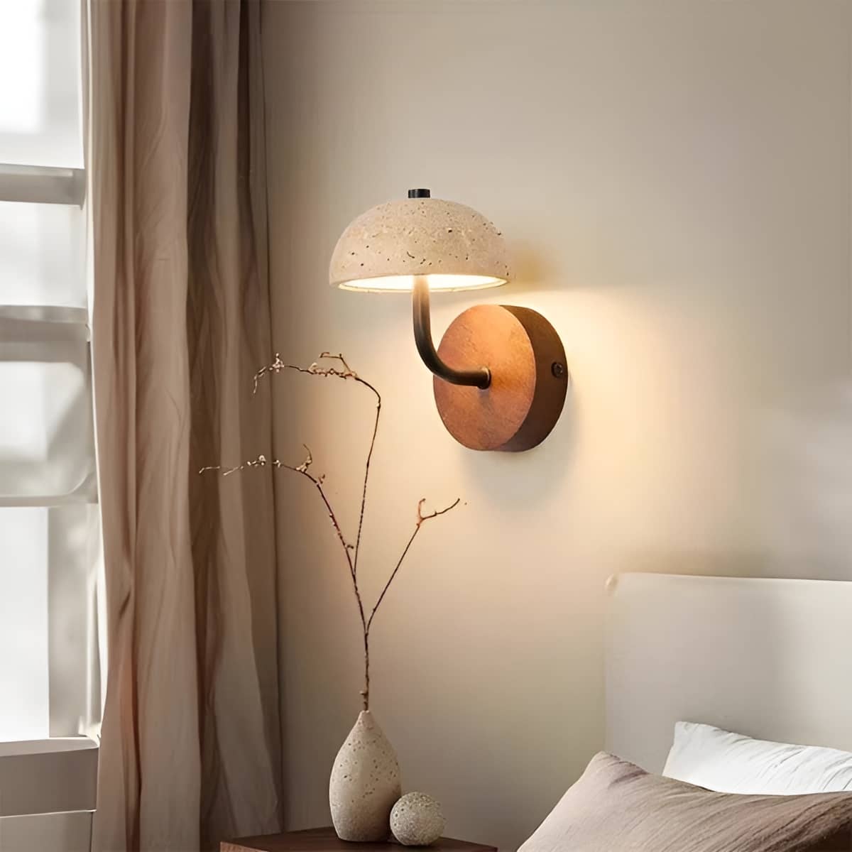 Rustic Yellow Stone and Wood LED Wall Light for Bedroom