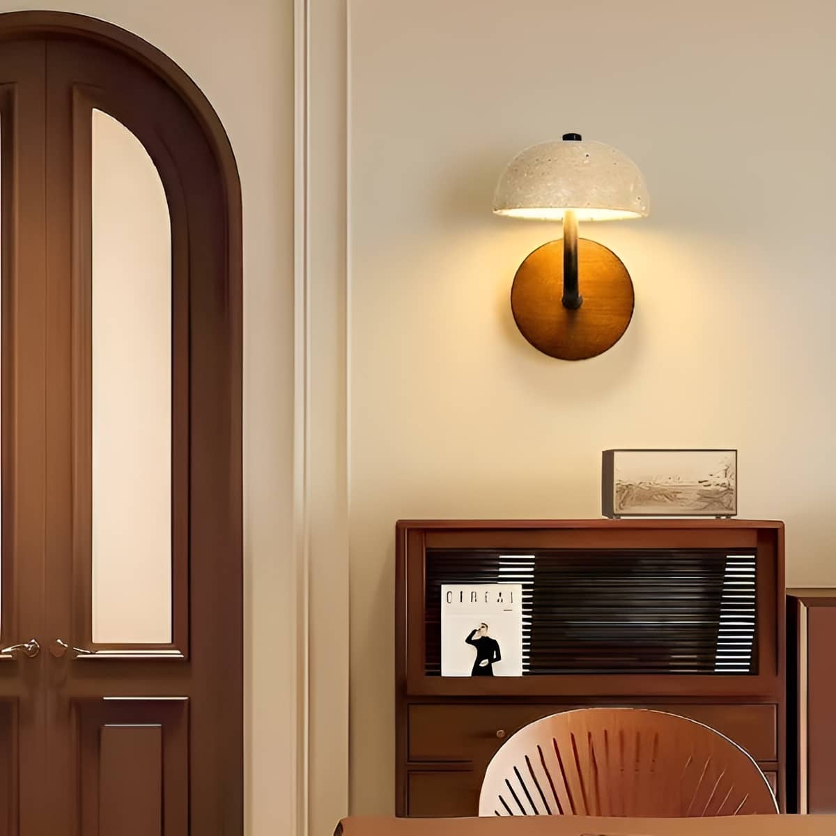 Rustic Yellow Stone and Wood LED Wall Light for Bedroom