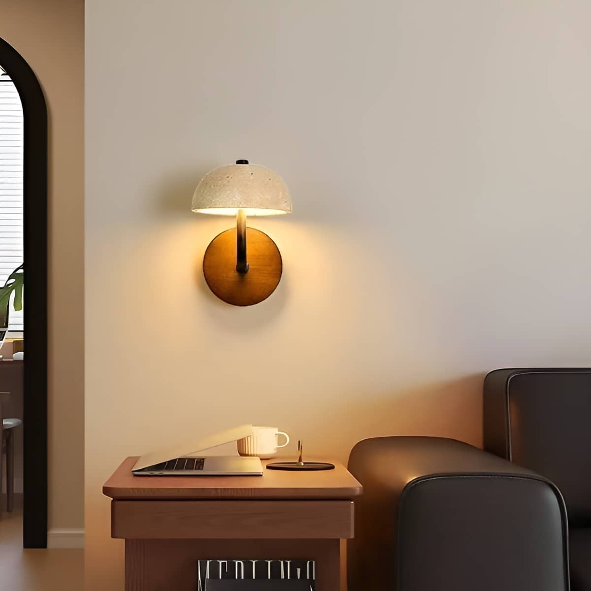 Rustic Yellow Stone and Wood LED Wall Light for Bedroom