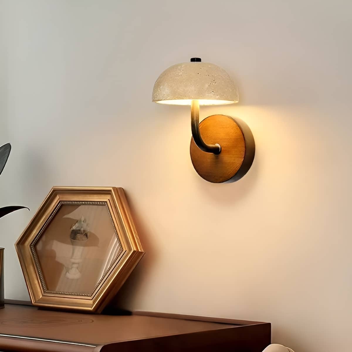 Rustic Yellow Stone and Wood LED Wall Light for Bedroom