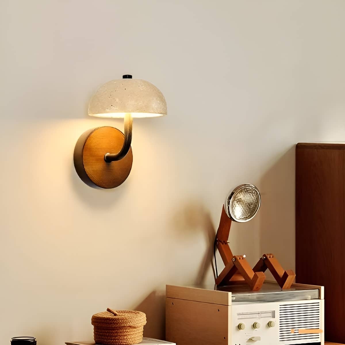 Rustic Yellow Stone and Wood LED Wall Light for Bedroom