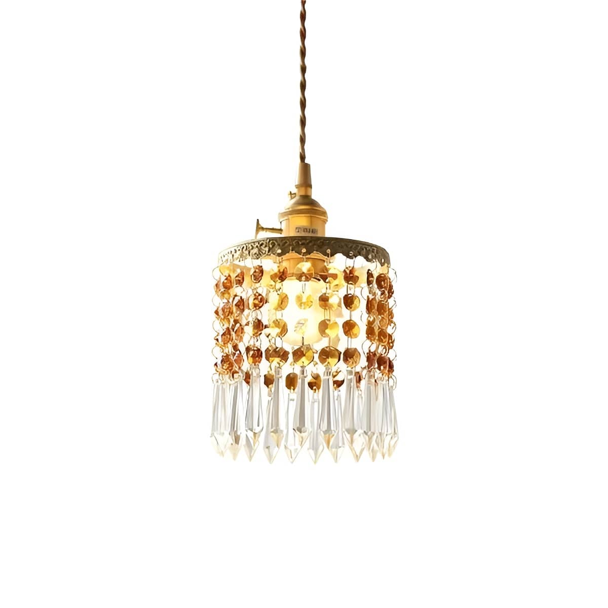 Small Crystal Fringe and Brass Antique Pendant Light