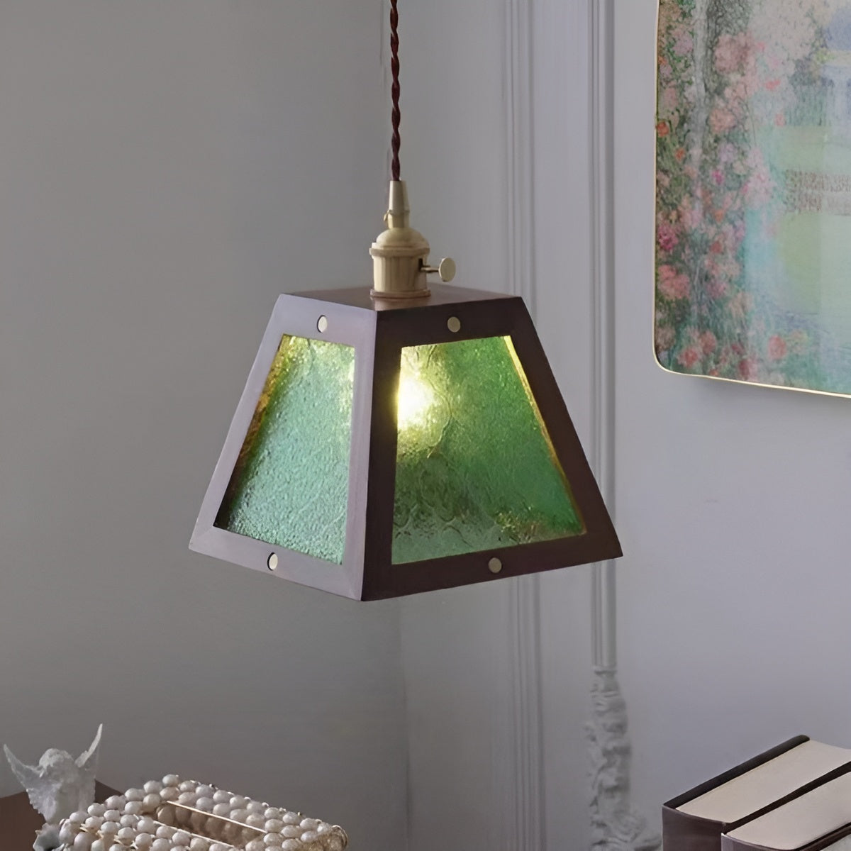 Trapezoid Vintage Glass Pendant Light With Wood Frame