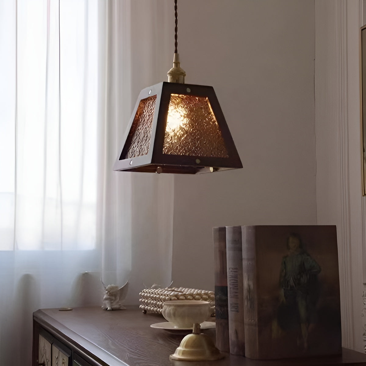 Trapezoid Vintage Glass Pendant Light With Wood Frame