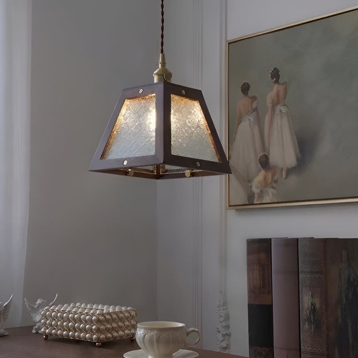 Trapezoid Vintage Glass Pendant Light With Wood Frame
