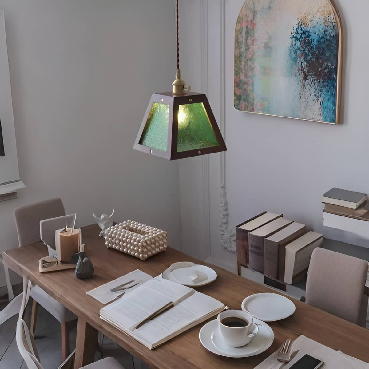Trapezoid Vintage Glass Pendant Light With Wood Frame
