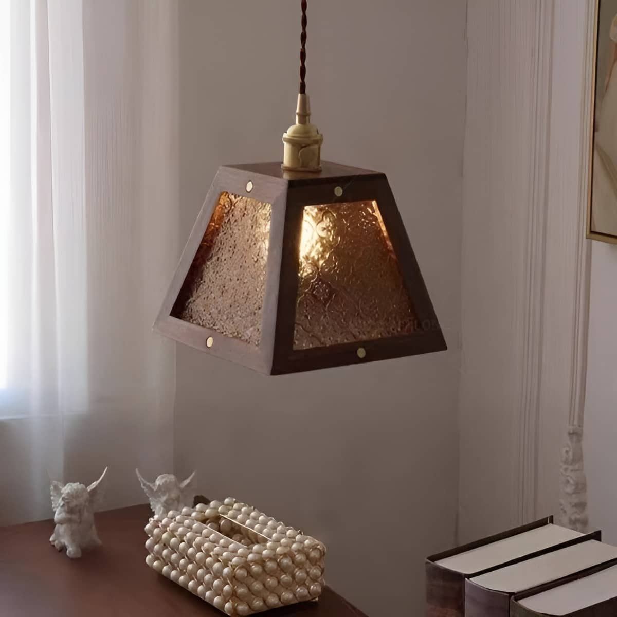 Trapezoid Vintage Glass Pendant Light With Wood Frame