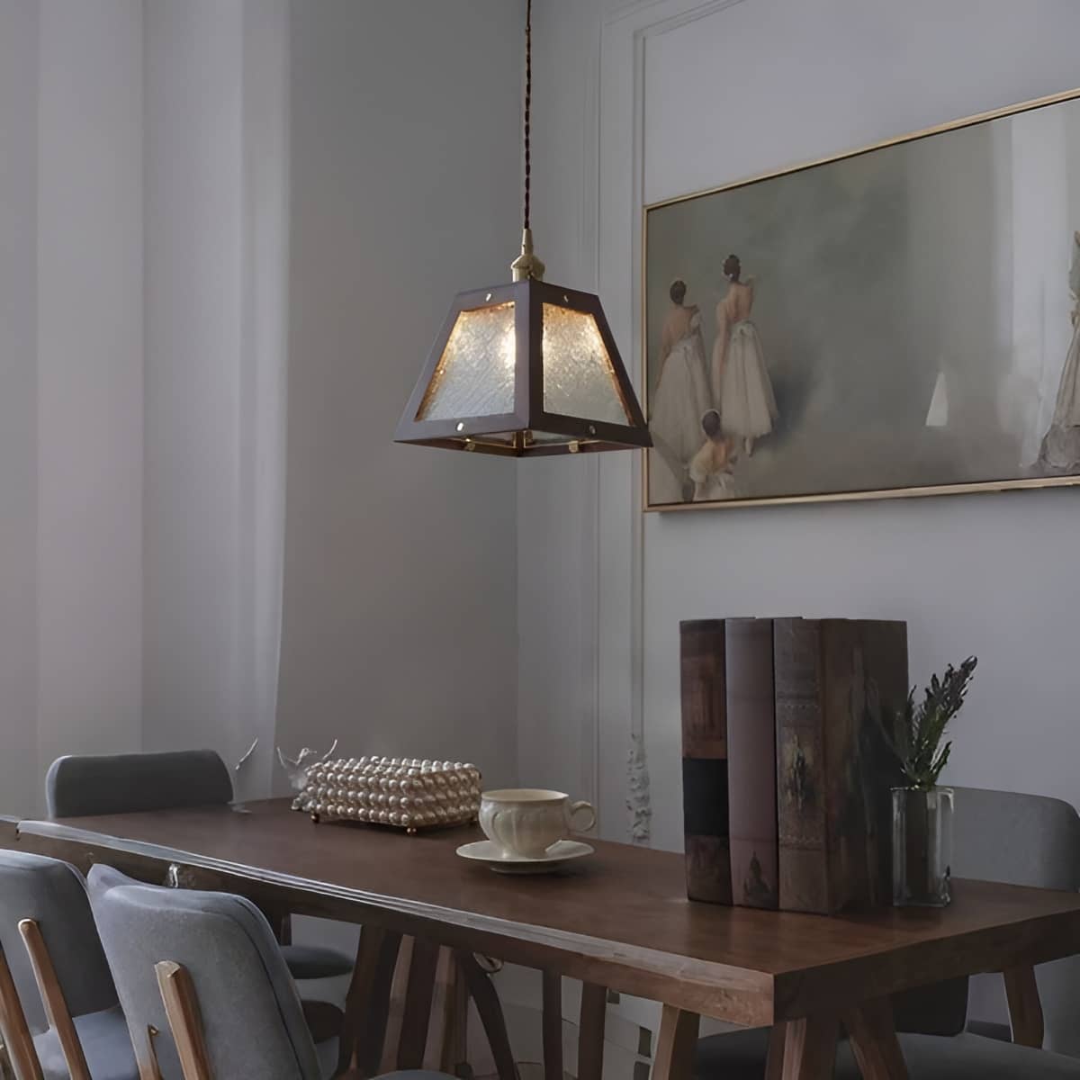 Trapezoid Vintage Glass Pendant Light With Wood Frame