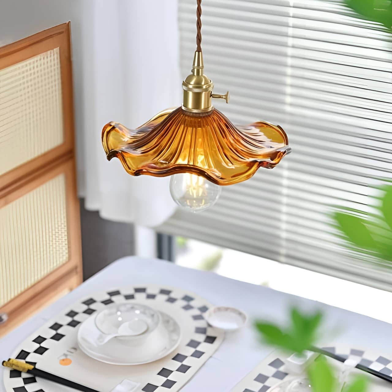 Vintage Glass Hibiscus Flower Pendant Lamp