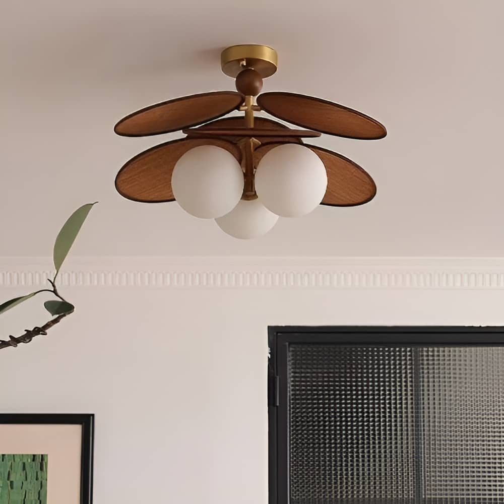 Vintage Rattan Petal Glass Globe Ceiling Light