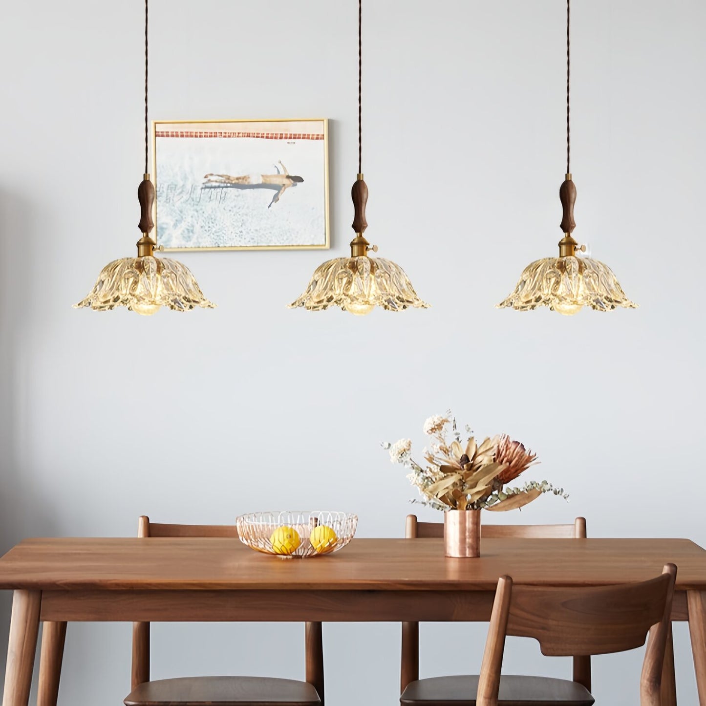 Walnut Wooden Flower Glass Pendant Light