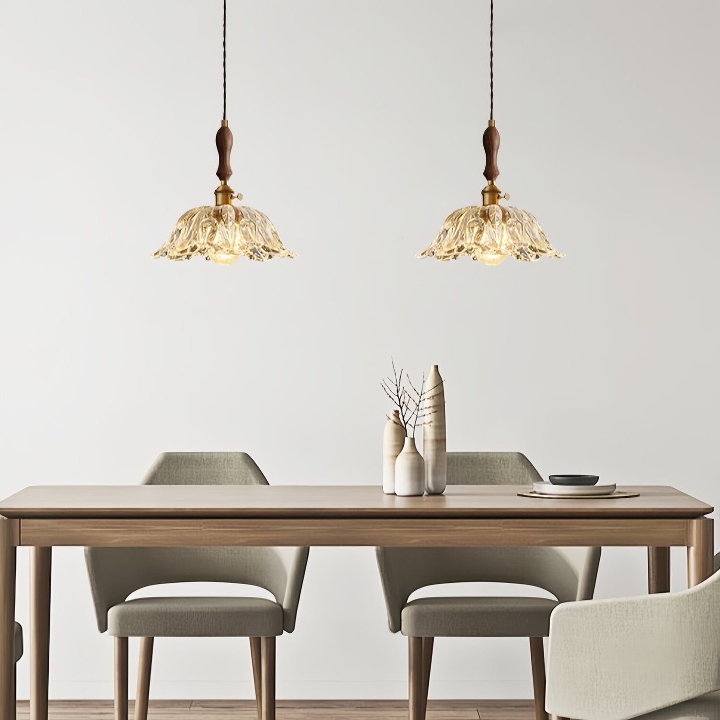 Walnut Wooden Flower Glass Pendant Light