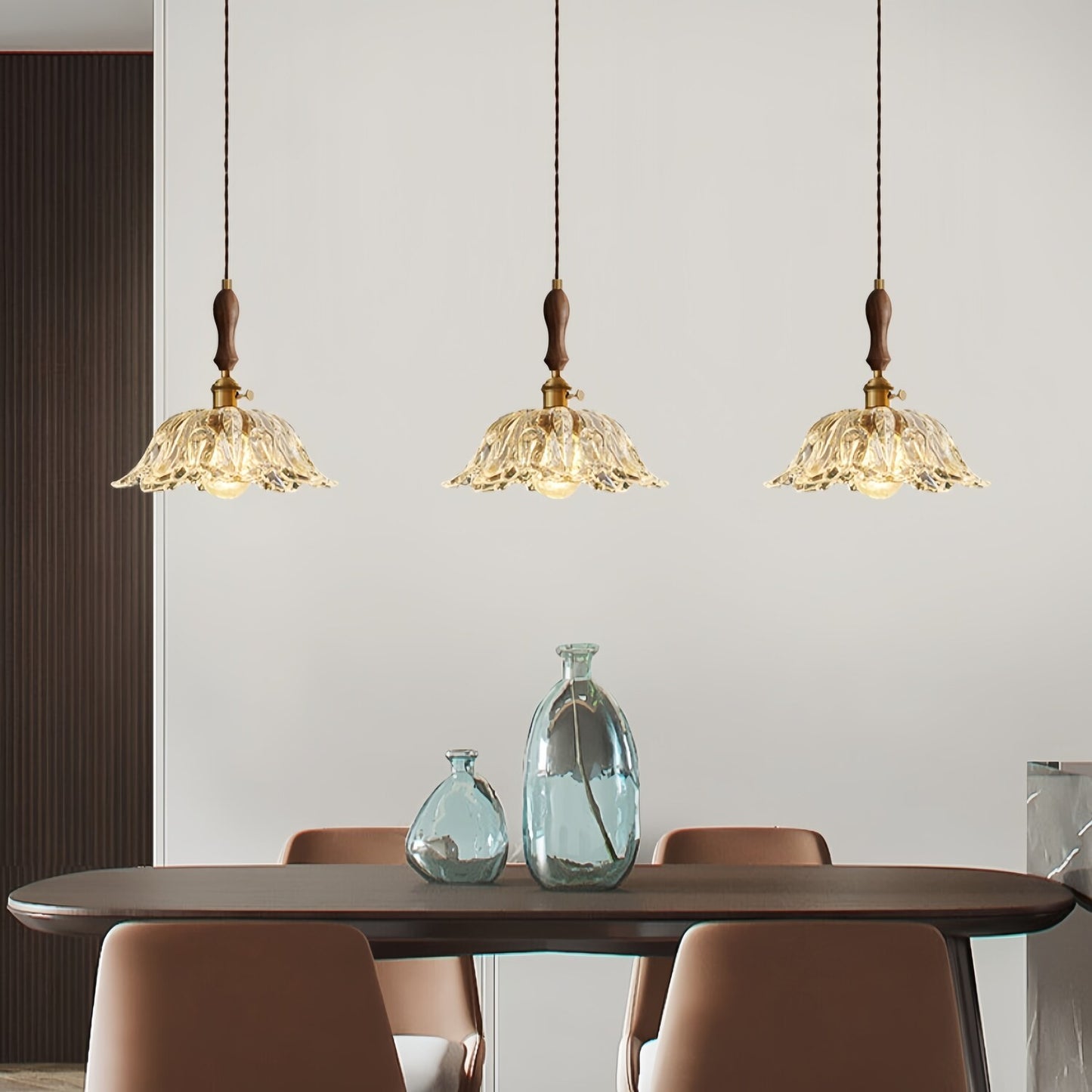 Walnut Wooden Flower Glass Pendant Light