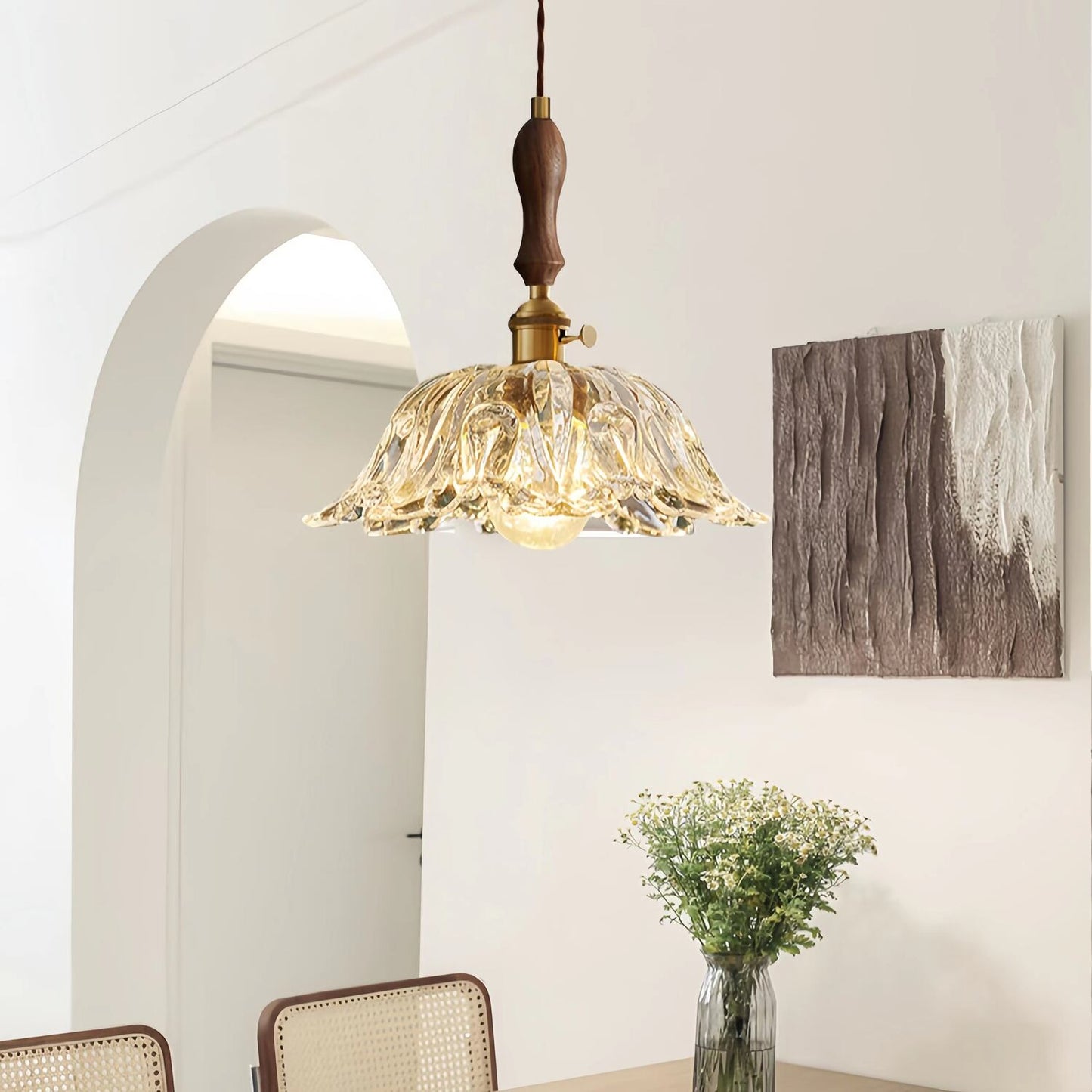 Walnut Wooden Flower Glass Pendant Light