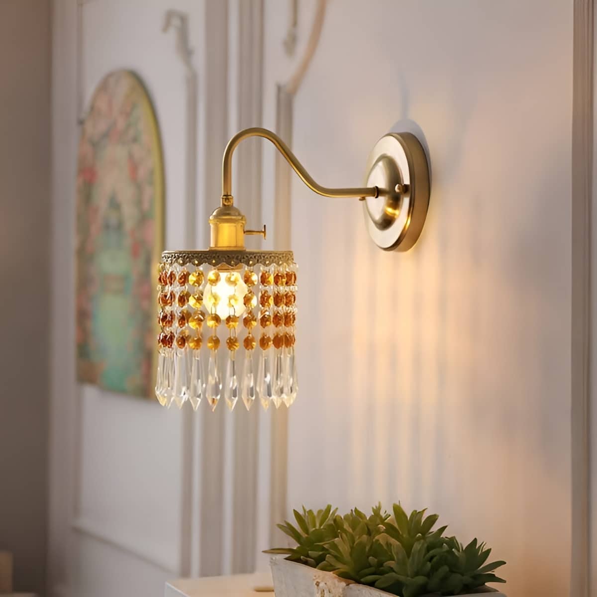 Antique Brass Fringe Crystal Wall Light for Living Room