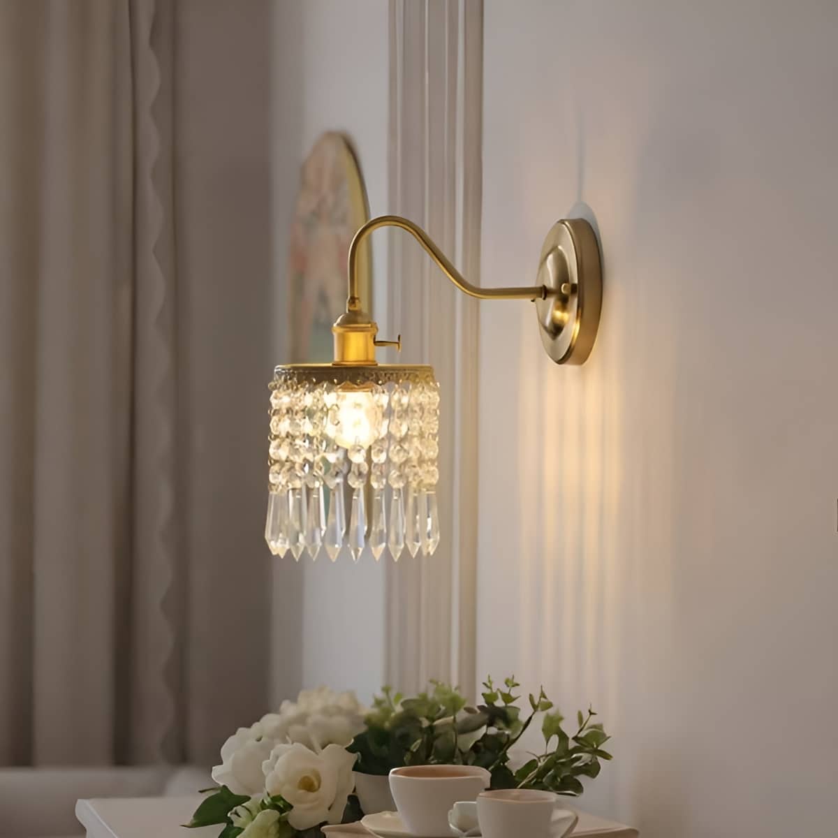 Antique Brass Fringe Crystal Wall Light for Living Room